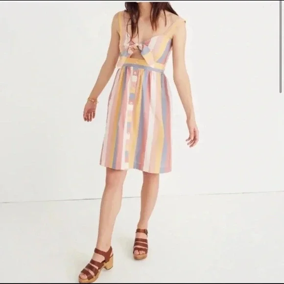 Madewell Tie Front Cut Out sherbet stripe dress - Picture 2 of 7